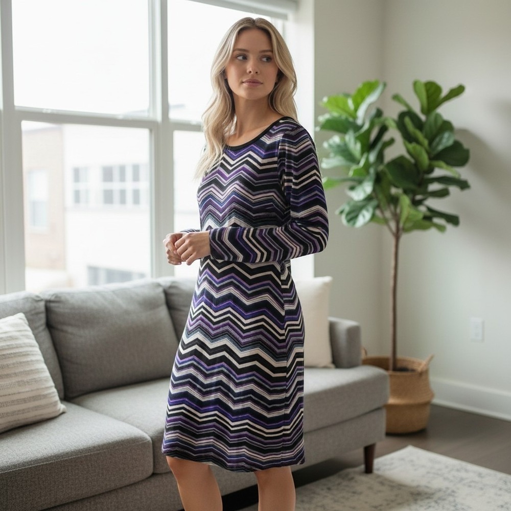 Jessica Howard chevron print shift dress zigzag 3/4 sleeve boat neckline Sz 16
